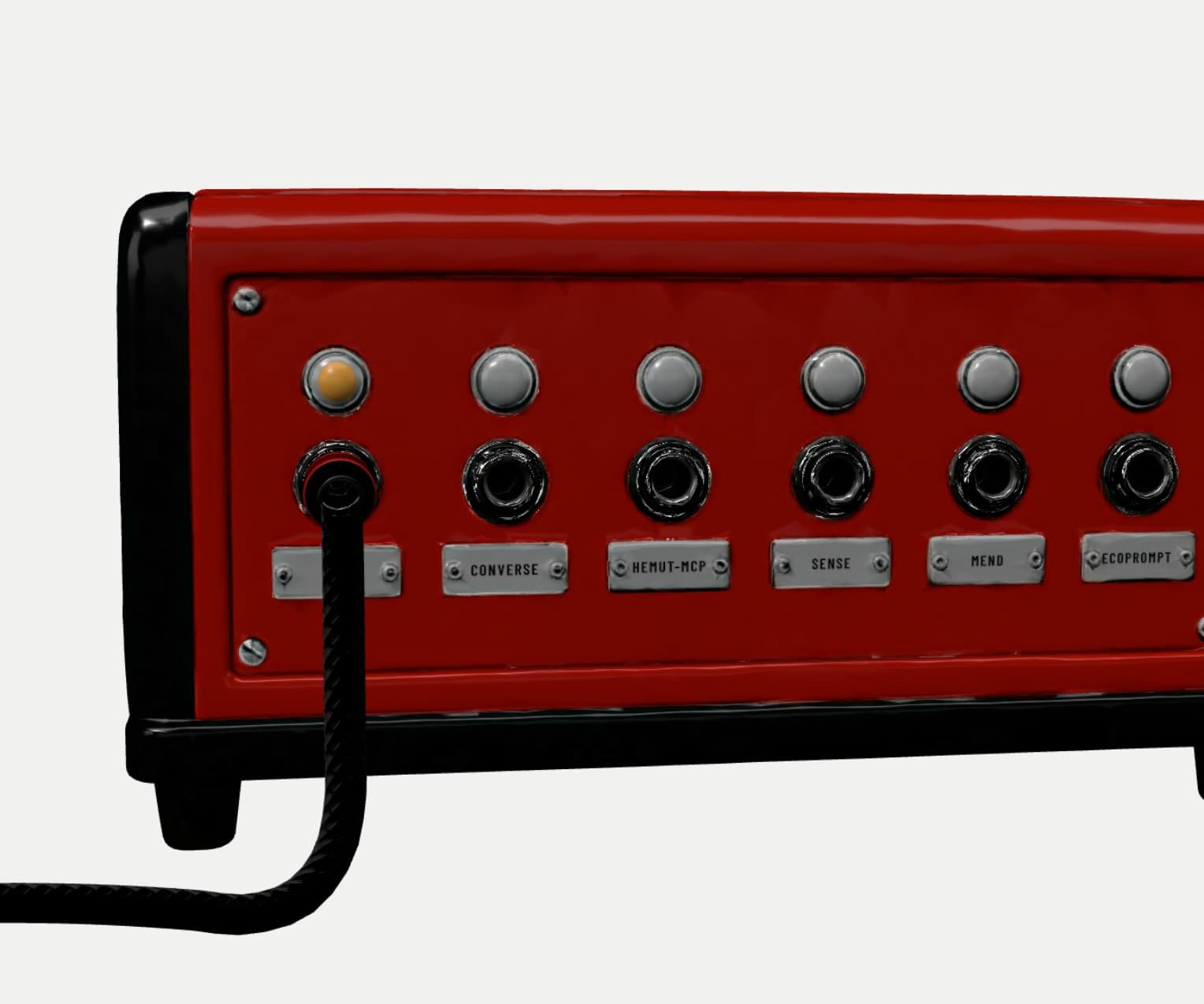 A red enamel switchboard with six labelled jacks. A red plug on a braided cord sits in the DY jack, and its lamp is lit.